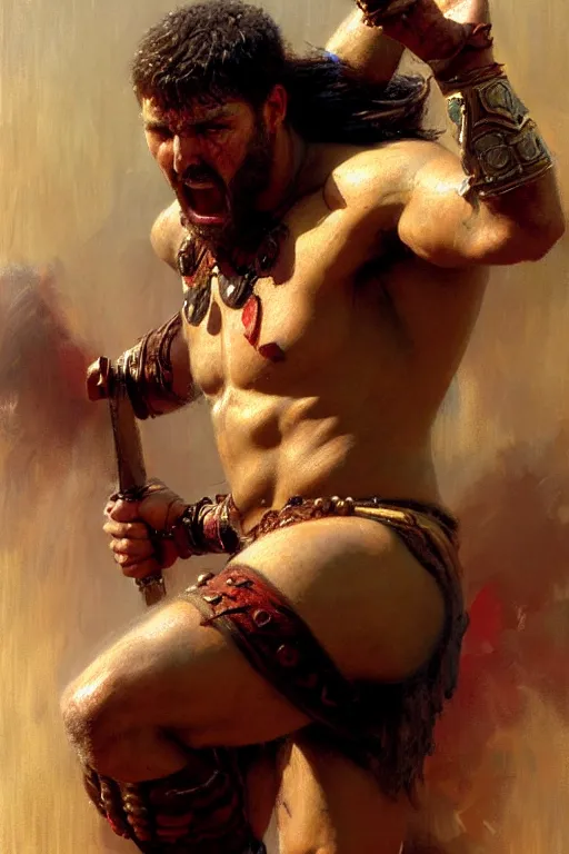 Image similar to Gladiator, blood, sweat, muscular, detailed face, correct face, painting by Gaston Bussiere, Craig Mullins