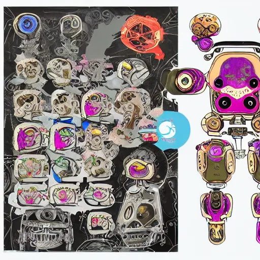 Prompt: official character sheets for an old dumbo squid biomech, digital 2 d screen smiley robot face, mechanical heart in center, covered in coral and barnacles, worn stickers, scratches, damage, art by tim schafer black velvetopia art for psychonauts from double fine studios, art by splatoon from nintendo, black light rave, adult character, apocalypse