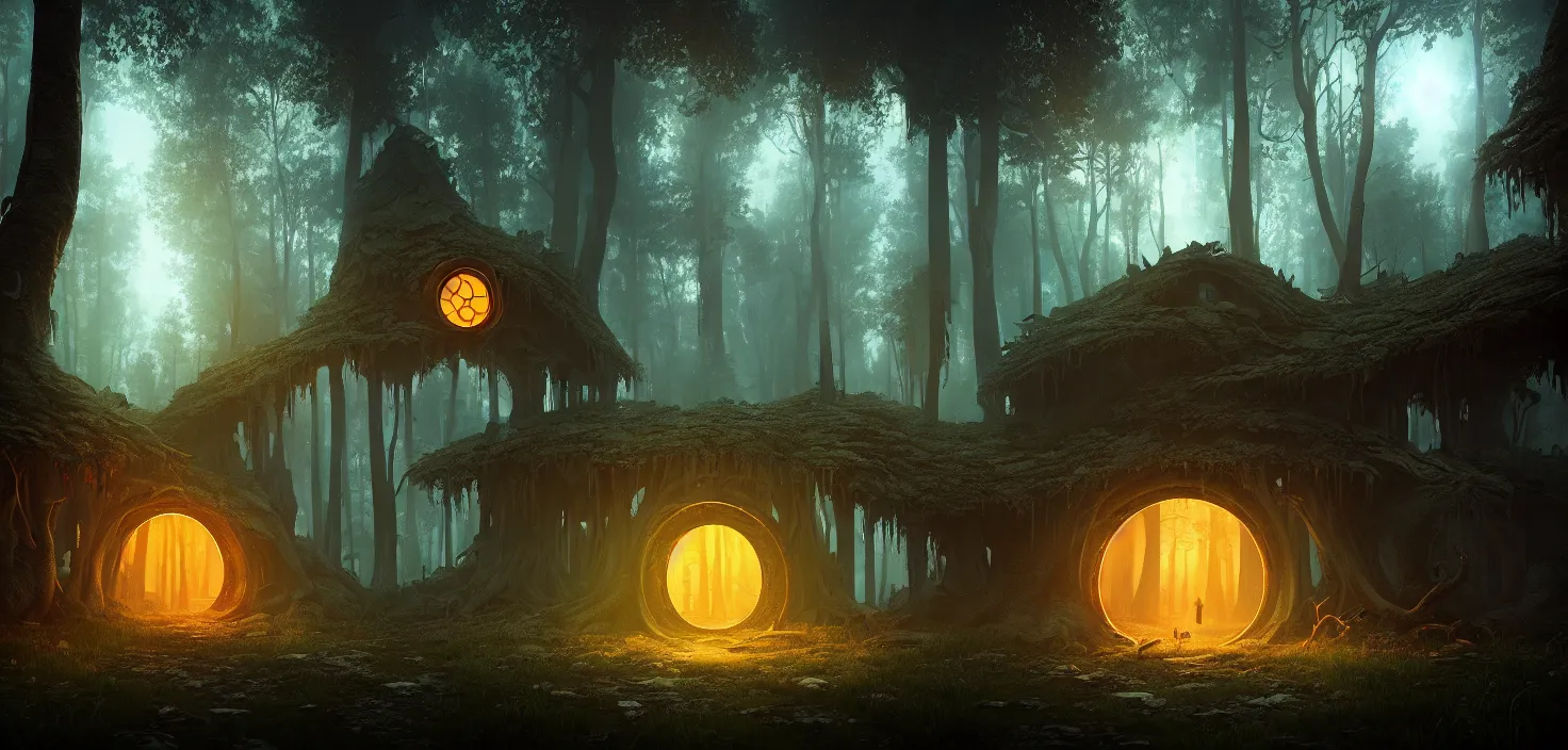 Prompt: random scary forest house landscape, round glowing portal, incredible, vector art, octane render, fabulous, hyper detailed, random cinematic view, no noise, global illumination, warm lighting, volumetric, godrays, vivid, beautiful, by jordan grimmer