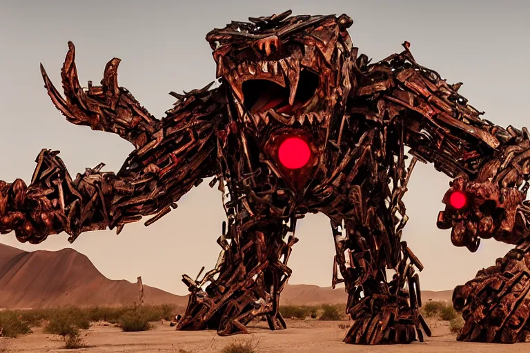 Image similar to a gigantic angry monster made of scrap metal with red eyes, standing in the desert, looking at camera, realism, photo realistic, high quality,