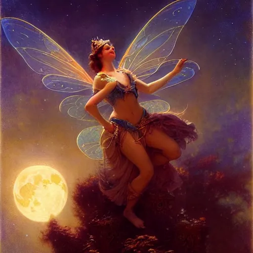 Image similar to attractive fairy queen fly high in the night, fantasy, full moon in background. hyper detailed painting by gaston bussiere, craig mullins, j. c. leyendecker, mid shot, 8 k, cryengone, cinematic lighting, beautiful,