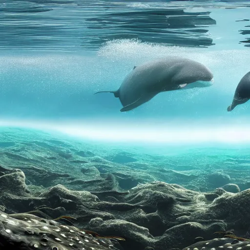 Prompt: hyperrealistic underwater photography, panoramic picture of an ocean floor with some baluga whales. focus on the whales. the whales are anatomically correct and highly detailed. lots of bubbles. seaweed and some rocks. gloomy scattered light entering from the water surface, trending on artstation, hq, 8 k