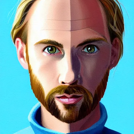 Prompt: gangly 40 year old man with short blond brown wavy hair, blond brown stubble thin beard, no mustache, English heritage, blue eyes, middle aged, wearing a turtleneck and jacket, pale skin, frowning, narrow face, digital art, painterly, cartoon, cute, 8k, illustration, art by loish, painterly, trending on artstation, medium shot, uncropped