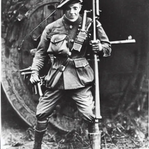 Image similar to old wartime photograph of spiderman holding a lewis gun, 1 9 1 7
