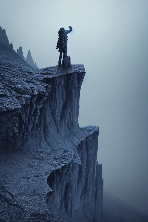 Image similar to emissary gargoyle standing of the edge of a cliff in the italian dolomites in the pouring rain during blue hour by arthur haas and bruce pennington and john schoenherr, cinematic matte painting, zaha hadid building, photo realism, dark moody color palate, blue hour stars, desolate glacial landscape,