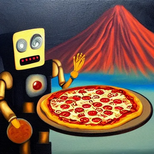 Prompt: robot cooking pizza in front of a volcano, oil painting, dark