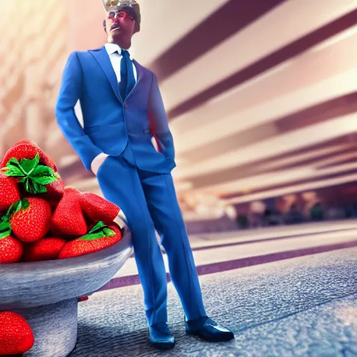 Image similar to a man with an elegant blue suit, photography, 3 d render, at night, buildings, dinosaur, strawberries