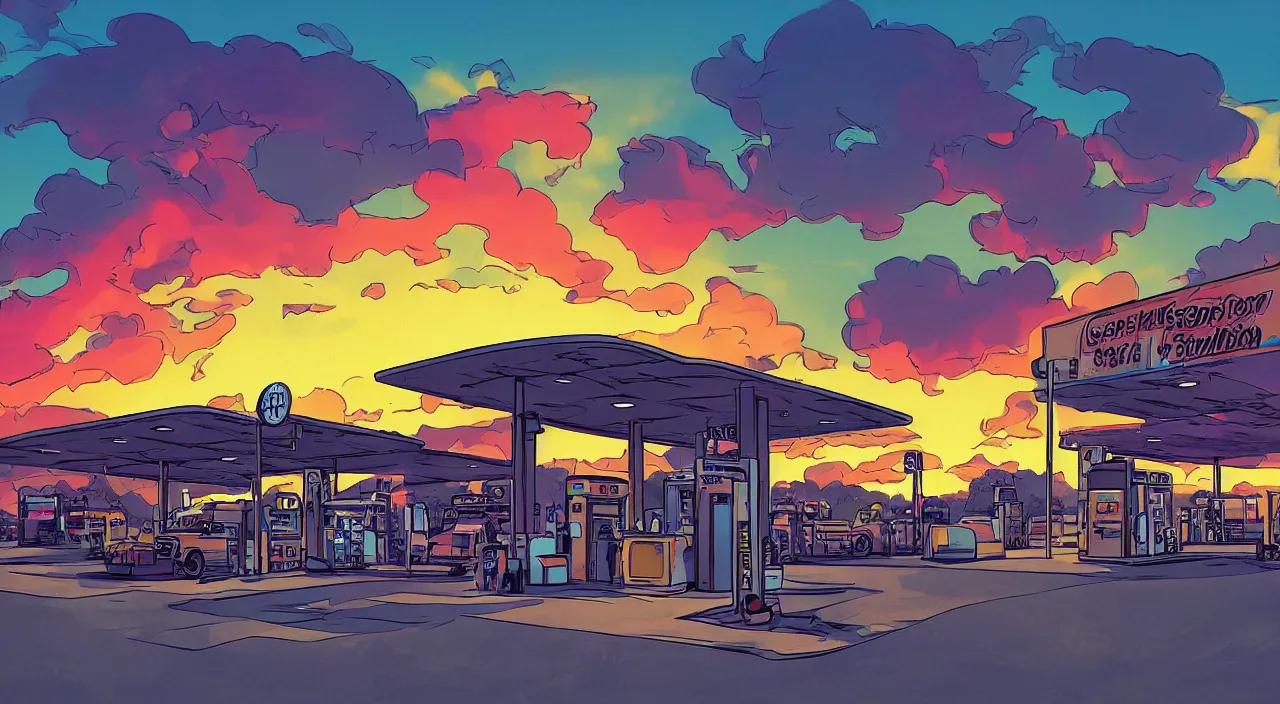Prompt: gas station roadside south west sunset sky beautiful artstation 4 k breathtaking graphic novel concept art illustration cartoon by jack kirby