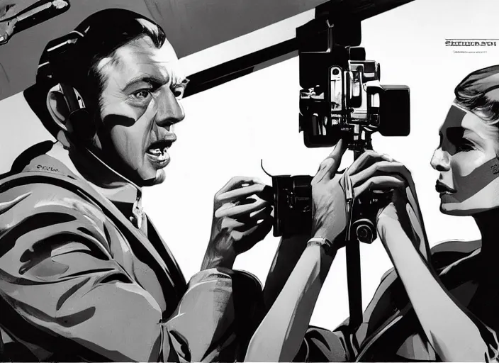 Prompt: cameras with eyes as lenses film a frightened couple embracing by Syd Mead and Stanley Kubrick, sci-fi, reimagined by industrial light and magic