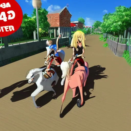 Prompt: screenshot from a 3 d video game about anime girls riding giant dogs