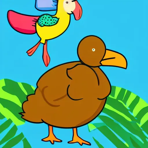 Image similar to cute digital illustration of a dodo bird surfing. super cute. tropical. colorful.