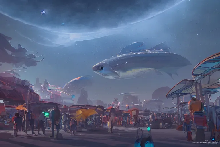 Image similar to crowded exoplanet fish market, big fishes on sale, ringed planet in the sky, dramatic lighting, artstation, matte painting, ralph mcquarrie, simon stalenhag