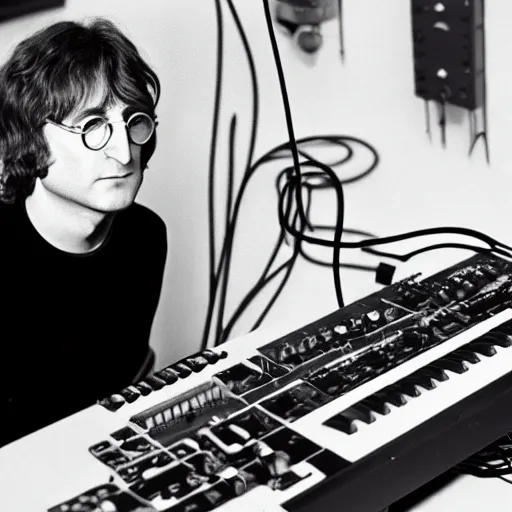 Prompt: photograph of john lennon playing modular synth with lots of wires, portrait, ultra realism, 8 k