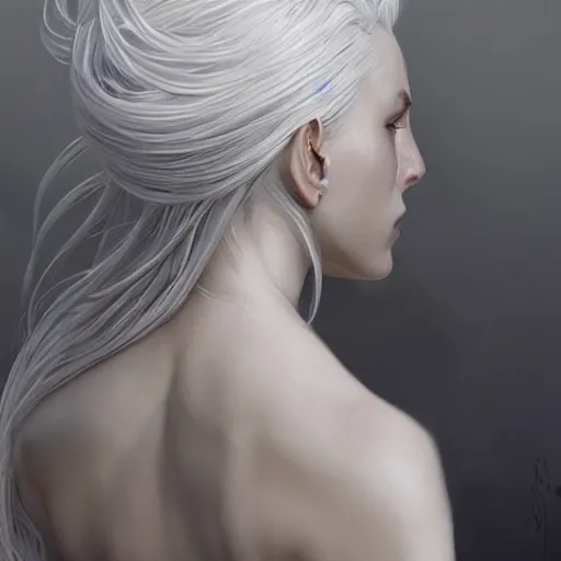 Image similar to goddess, white hair, long hair, gorgeous, amazing, back portrait, feminine, elegant, intricate, highly detailed, digital painting, artstation, concept art, sharp focus, illustration, art by WLOP and greg rutkowski