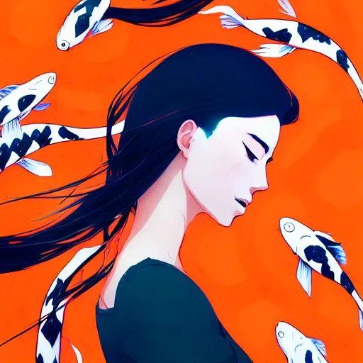 Image similar to a ultradetailed beautiful panting of a stylish woman surrounded by floating koi fish, by conrad roset, greg rutkowski and makoto shinkai, trending on artstation