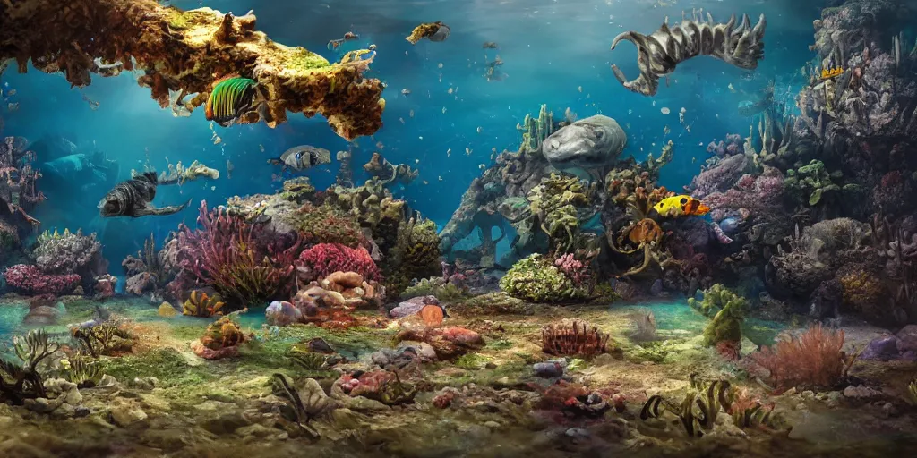 Prompt: underwater enviroment with Anoplogaster creatures, unreal 5, hyperrealistic, realistic, photorealistic, dynamic lighting, highly detailed, cinematic landscape, studio landscape, studio lighting