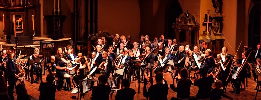 Image similar to a tango orchestra performance in a church, epic, cinematic composition, ultra detailed, 4 k, ultrawide, ( distant shot ), dramatic lighting