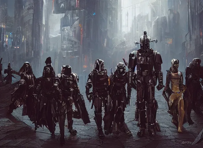 Image similar to a group of medieval cyberpunk knights in a scenic environment, armor inspired by blade runner and boba fett, cybernetic implants, beautiful digital art, action pose, epic lighting, epic composition, sharp focus