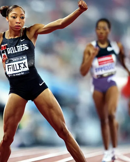 Image similar to allyson felix, crouching at the 2 0 0 - meter starting line, hyperreal, sports photography in the style of neil leifer