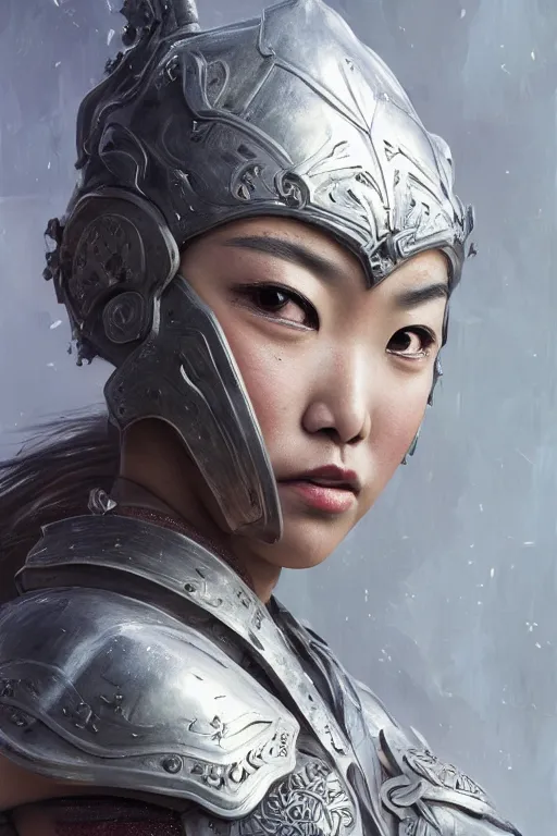 Image similar to Art station concept of Asian woman, fair skin, big eyes, long black hair, no bangs, wearing sculpted textured armor, closes her eye, battle damage, intricate complexity, close-up of the front of the face, resolute expression, back lighting, 4K resolution, symmetric, clear facial features, by Ruan Jia and Mandy Jurgens and William-Adolphe Bouguereau, Karol Bak, smooth, sharp focus, rich deep colors, Unreal Engine 5, digital render, intricate, ultra realistic, concept art,