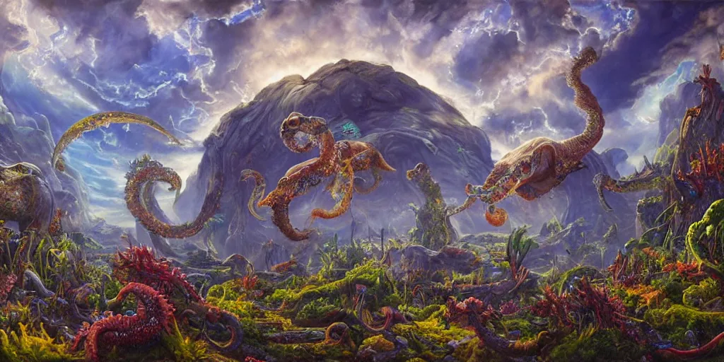 Image similar to fantasy oil painting, great leviathan, cybernetic turtle cephalopod terrapin reptilian pachyderm squid, bella hadid, hybrid, milla jovovich, anubis, epic natural light, lush plants flowers, spectacular mountains, bright clouds, luminous sky, outer worlds, golden hour, michael cheval, edward hopper, michael whelan, vray, hd