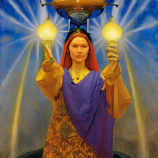 Image similar to queen of the dawn with her lantern and regalia, by donato giancola and nicholas roerich, and diego rivera, symbolist, tattoos, dramatic lighting, elaborate geometric ornament, art brut, god rays, soft cool colors, smooth, sharp focus, extremely detailed