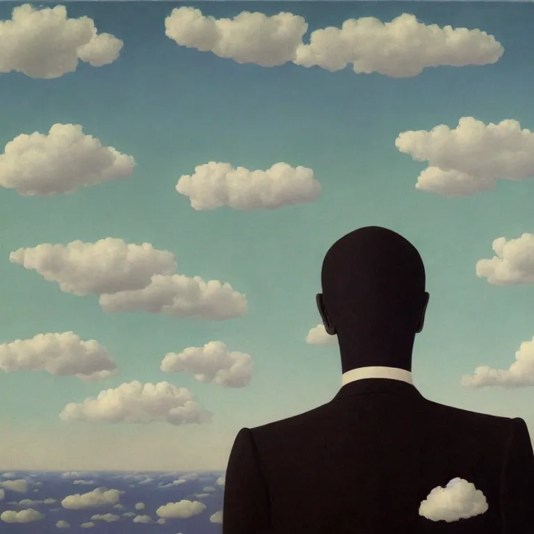 Image similar to portrait of a faceless shadow - head man in a suit, clouds in the background, by rene magritte, detailed painting, distance, centered, hd, hq, high resolution, high detail, 4 k, 8 k