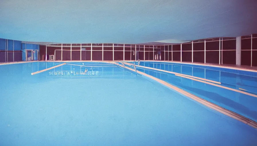 Prompt: 1 9 6 0 s movie still of empty blue tiles swimmingpool, cinestill 8 0 0 t 3 5 mm, high quality, heavy grain, high detail, panoramic, ultra wide lens, cinematic composition, dramatic light, flares, anamorphic