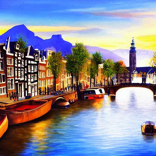 Prompt: amsterdam painting with mountains in the distance and flying dragons realistic high detail
