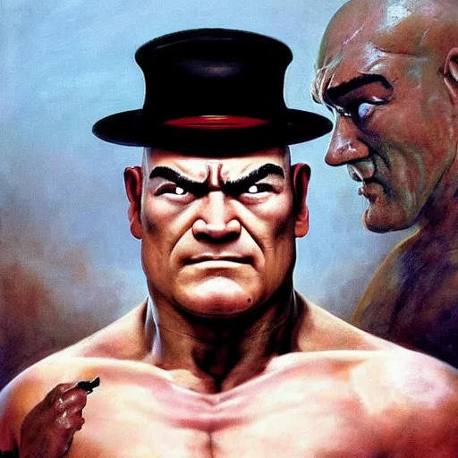 Prompt: ultra realistic david koechner as sagat from street fighter, painting by frank frazetta, 4 k, ultra realistic, highly detailed,