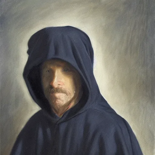 Prompt: a man wearing a long cloak and hood, face hidden by shadow, oil painting, portrait, high detail