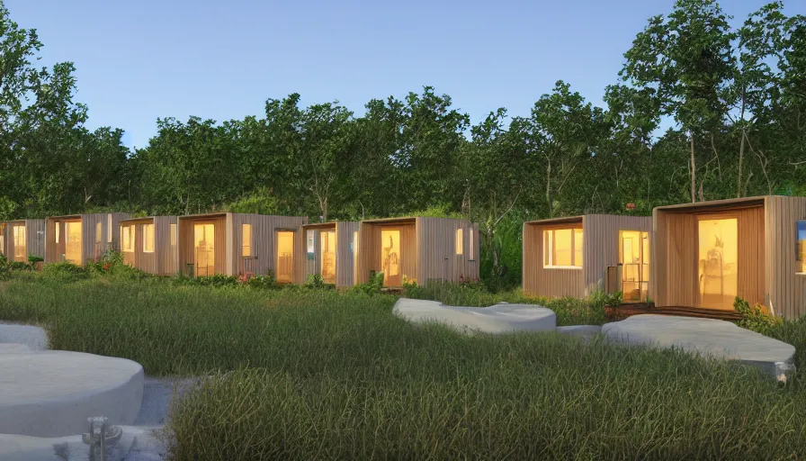 Image similar to A wide image of an eco-community neighborhood of innovative contemporary 3D printed prefab sea ranch style cabins with rounded corners and angles, beveled edges, made of cement and concrete, organic architecture, in a lush green eco community with side walks, parks and public space , Designed by Gucci and Wes Anderson, golden hour