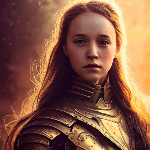 Image similar to attractive aesthetically pleasing young girl portrait, partially clothed in metal-plated battle armor, atmospheric lighting, painted, intricate, volumetric lighting, beautiful, golden hour, sharp focus, ultra detailed, by Leesha Hannigan, Ross Tran, Thierry Doizon, Kai Carpenter,Ignacio Fernández Ríos