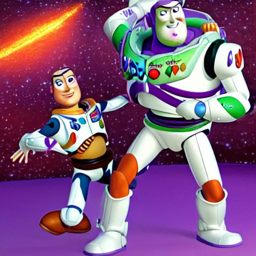 Prompt: buzz lightyear fighting woody