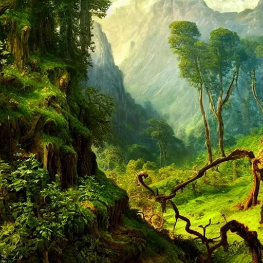 Image similar to a beautiful and highly detailed epic oil painting of a lush valley in the mountains, beautiful trees, tangled vines, ancient runes, intricate details, epic scale, insanely complex, 8 k, sharp focus, hyperrealism, fantasy landscape, psychedelic, by caspar friedrich and brian froud, albert bierstadt,