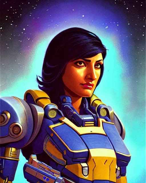 Image similar to pharah from overwatch, character portrait, portrait, close up, concept art, intricate details, highly detailed, vintage sci - fi poster, retro future, in the style of chris foss, rodger dean, moebius, michael whelan, and gustave dore