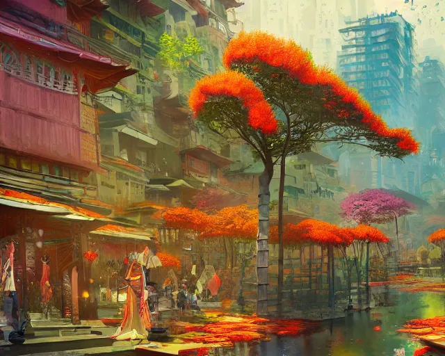 Image similar to great, colorful kitsune city, bamboo, flowers, anime, a fantasy digital painting by Greg Rutkowski and James Gurney, trending on Artstation, highly detailed