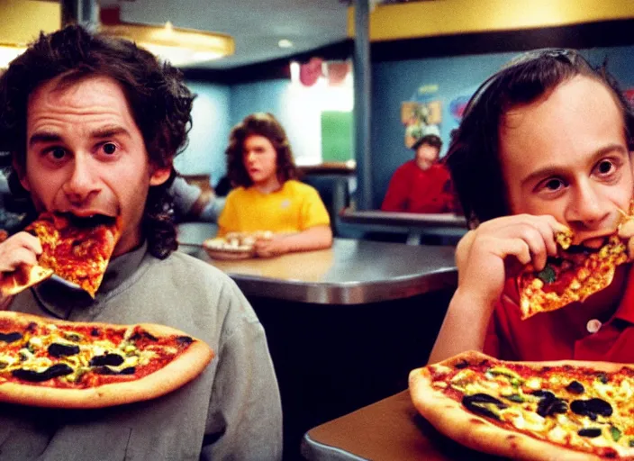 Prompt: portrait of charlie kaufman eating pizza at chuck - e - cheese, with felipe dieppa, and with vince peone, dramatic lighting, moody film still from being john malkovich ( 2 0 0 1 ), 3 5 mm kodak color stock, 2 4 mm lens, directed by spike jonze, ecktochrome