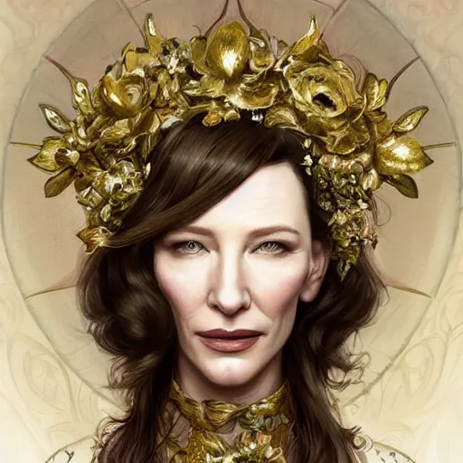 Image similar to Portrait of cate blanchett wearing a floral crown, olive skin, long dark hair, beautiful bone structure, shiny gold background, intricate, elegant, highly detailed, digital painting, artstation, concept art, smooth, sharp focus, illustration, art by artgerm and greg rutkowski and alphonse mucha