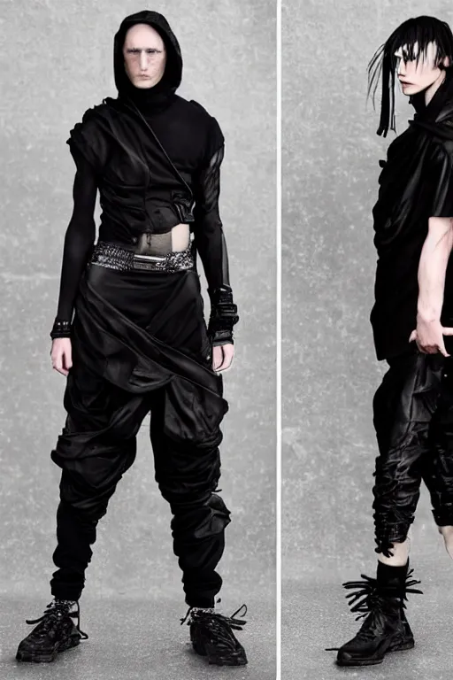 Image similar to beautiful androgynous high fashion avant garde techwear look and clothes, we can see them from feet to head, highly detailed and intricate, luxury, cinematic, rick owens, yohji yamamoto, y 3, outfit photo, hot on r / streetwear, trending on artstation,