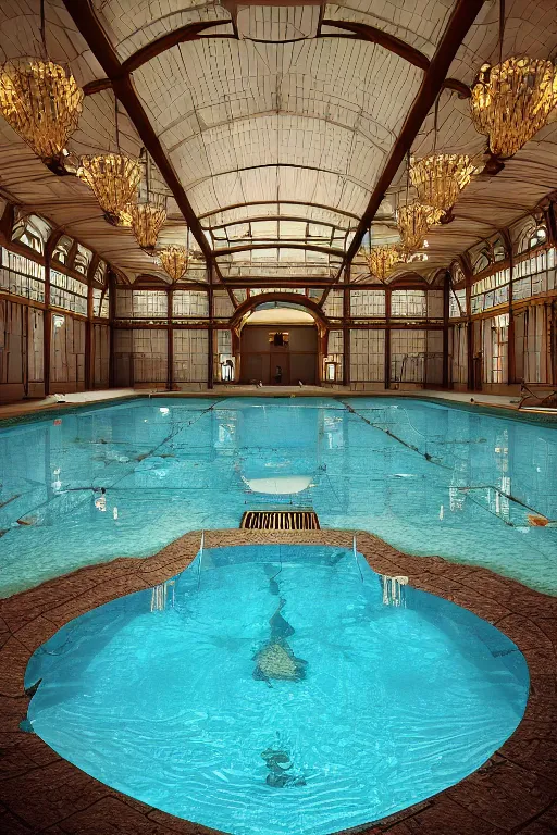 Prompt: indoor swimming pool in a victorian banquet hall. walls are arteries and heart tissue. arc viz, unreal engine. realism, photograph.