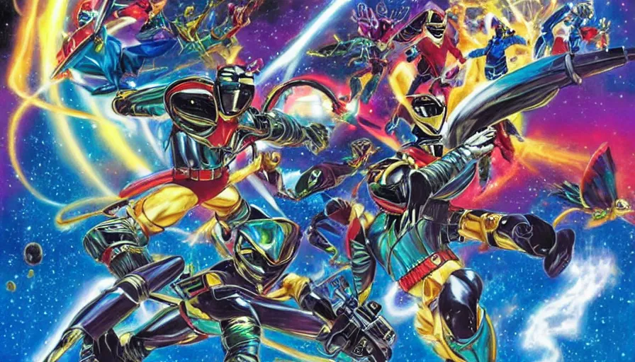 Image similar to stephen Hawkins as power ranger fighting gremlins vs mothra art by Noriyoshi Ohrai and Lisa Frank