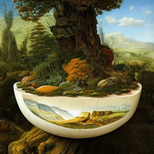 Image similar to a deep stone bowl containing a miniature landscape, surrealism, photorealistic, river and trees and hills, extremely detailed, by clara peeters and rob gonsalves and caspar david friedrich