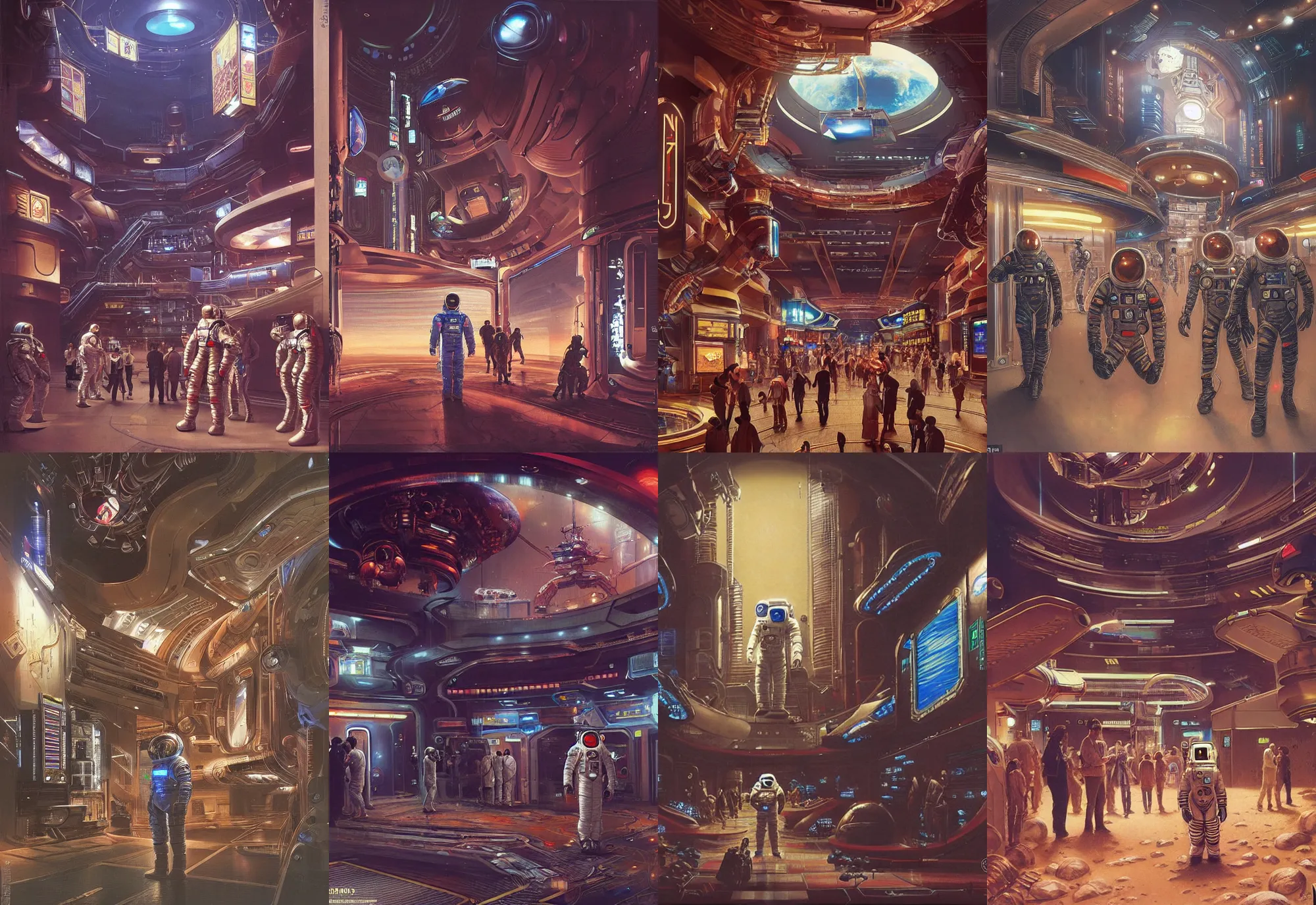 Prompt: an astronaut standing in the entrance to a bustling cyberpunk casino on mars, filled with people, robots, cyborgs, aliens, by noriyoshi ohrai