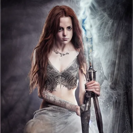 Image similar to Hermione in tattoos conjuring with a magic wand, by luis royo, dressed beautiful gown, beautiful eyes, Beautiful face, by Aggi Erguna, high detail, high resolution, art from harry potter, by David Lazar and Annie Leibovitz 500px photos, top cinematic lighting , cinematic mood, very detailed, shot in canon 50mm f/1.2