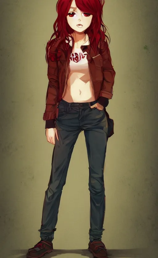 Prompt: full-body shot of an attractive tomboy girl with long, crimson red hair and red eyes, wearing a brown, open jacket and green jeans with a stern look, midriff, concept art, character design, by WLOP, by Tomine, by Kon, Satoshi, by Hildebrandt