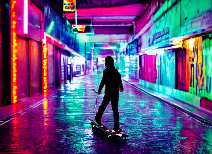 Image similar to a person with long, flowing hair skateboards through an empty neon philadelphia in the rain, colored gel lighting, reflective surfaces, midnight, portra, film grain, reminiscent of blade runner, dynamic