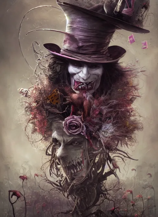 Image similar to Mad Hatter,highly detailed,cinematic,8k,by Stanley Artgermm,Tom Bagshaw,Greg Rutkowski,Carne Griffiths, Ayami Kojima, Beksinski, Giger,Anne Stokes, Benjamin Lacombe,trending on DeviantArt,hyper detailed,horror, full of colour