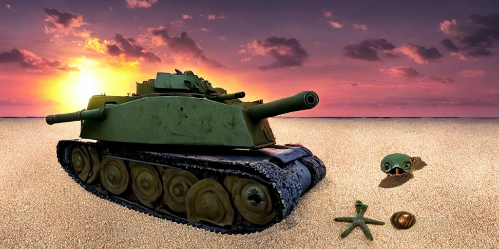 Prompt: deadly dangerous headcrab on the sand beach in the last rays of evening sun trying to eat soviet belarus tank, high detailed scene from ridley scott movie