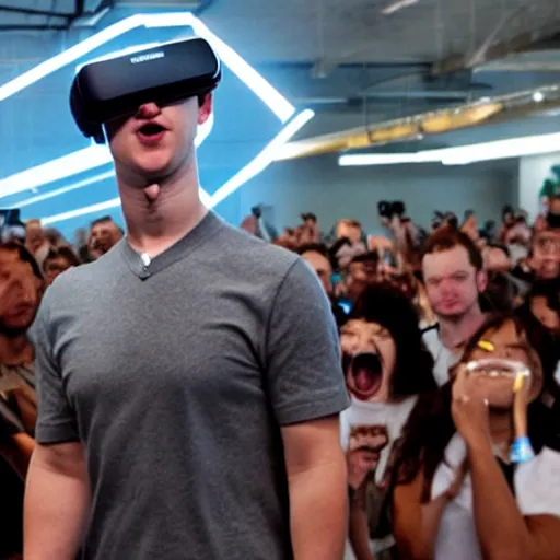 Image similar to cyborg mark zuckerberg controlling a crowd of people with vr headsets